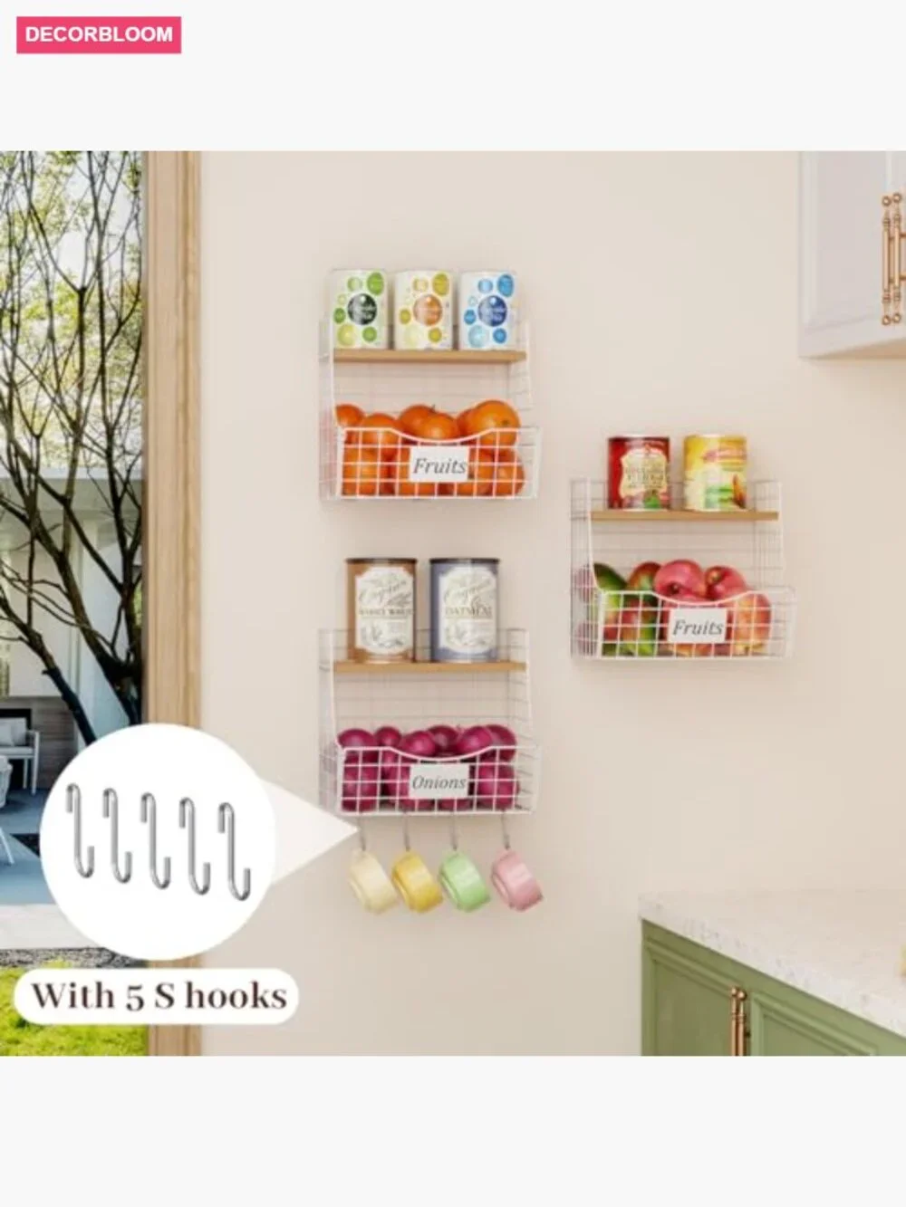 3 Tier Hanging Fruit Basket Stackable with Wood Lid, Kitchen Storage